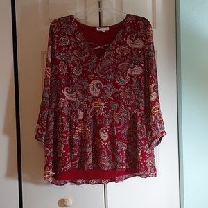 DR 2.   XL size blouse that is burgundy,  pink, and dark orange.